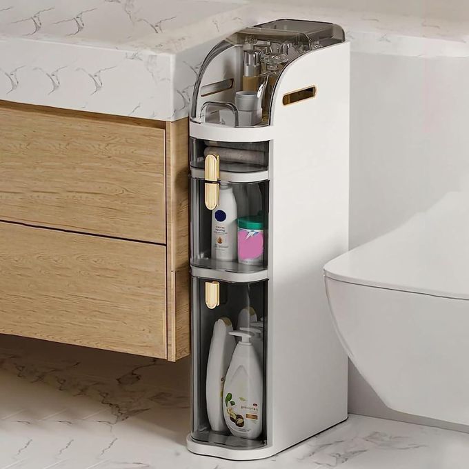 3 Tier Shower Floor Storage Cabinet 7in Narrow Corner Tall Slim Bathroom Storage Tower with Clear Drawers Cart And Casters Side Storage Organizer Cabinet For Tiny Kitchen Laundry Toilet Gap Living Roo