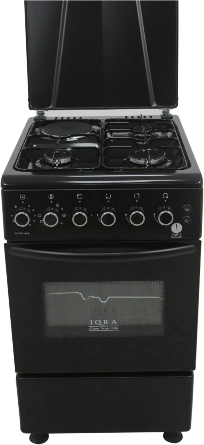 IQRA 50x60cm Cooker IQ-FC2011-BLK; 3 Gas Burners + 1 Electric Plate With Electric Oven and Grill, Oven Timer, Auto Ignition, Grill & Rotisserie - ⚫️