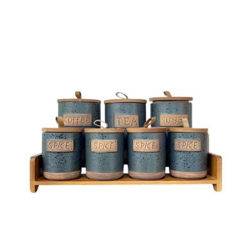 Kitchen Canister Set, 7-Piece Ceramic Kitchen Boxes Containers Spice Food Organizer Containers Jars With Bamboo with Wooden Lids and Stand, Tea Coffee Sugar Salt Flour Pepper Spice Storage