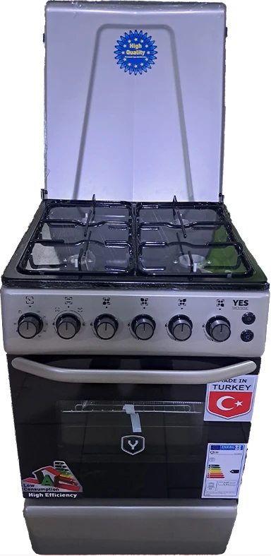 YES Full Gas Cooker 50x50cm YS-5540GTB; 4-Gas Burners, Gas Oven & Grill, Auto Ignition - Silver
