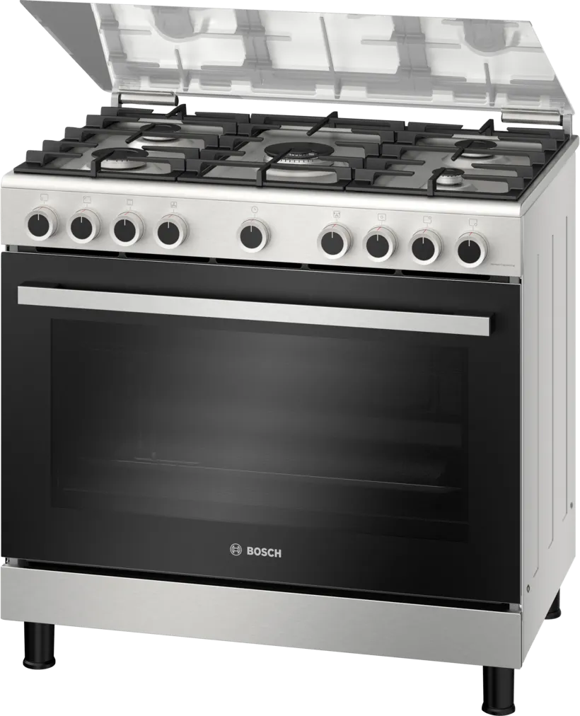 Bosch 90cm Freestanding Cooker; 5 Gas Burners, Gas Oven & Grill, Rotisserie, Cast Iron Pan Supports, Auto Safety Device, Auto Ignition HGVDF0V52S, Inox