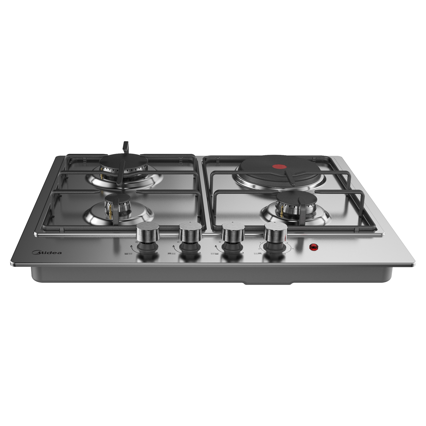 Midea 60cm Built-in Hob, 3 Gas Burners + 1 Electric Plate, Auto Ignition, Flame Failure Device, Enamel Pan Supports, 60M31SA021 - Stainless Steel