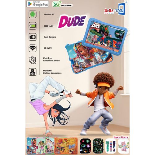 BEBE TAB Dude Kids Tablet, 5G WiFi Android 13 Tablet 6GB RAM+256GB 3000 mAh Tablet with Shockproof Case, Parental Control, Dual Camera, Kids Eye Protection Shield, App Pre-Installed Tablet Supports Mu