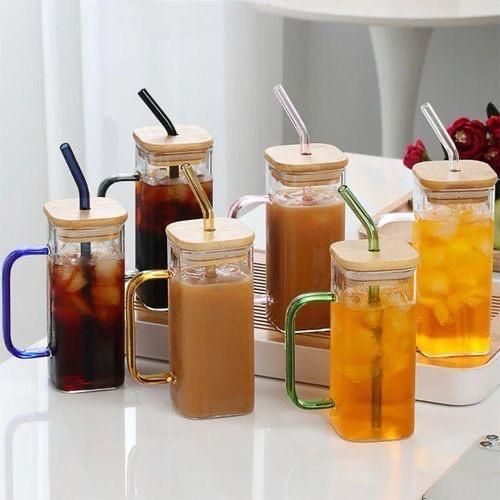 6 Pieces Of Glass Drinking Cup 400ML Square Glasses Tumbler with Handle Clear Coffee Cups with Bamboo Lids and Straws Portable Water Bottles Milk Jar Can for Cocktail, Whiskey, Hot/Iced Coffee, Juice,