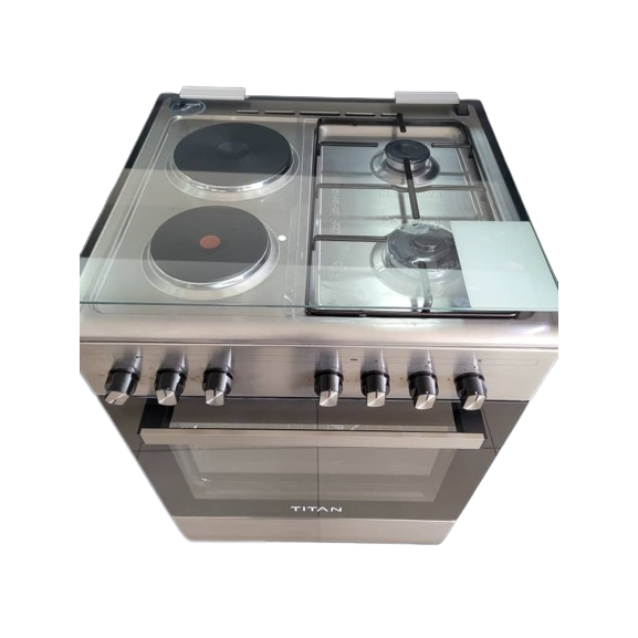 Titan Free Standing Cooker, 60x60cm, 2 Gas Burners + 2 Electric Plates, Electric Oven & Grill - TN-FC6220XBS - Silver