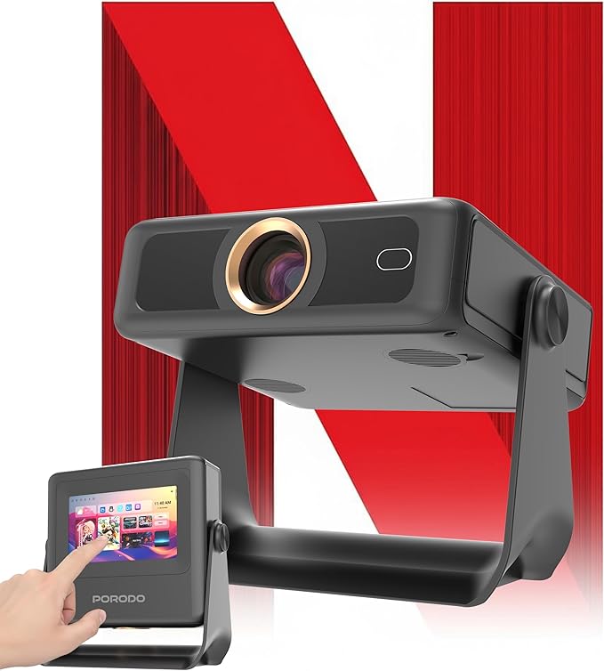 Porodo Optivis Smart HD Projector 250" with WiFi and Bluetooth,Unique Smart Tablet, Auto Focus & Keystone, Native 1080P Movie, Portable Outdoor Mini Projector, Compatible with TV Stick Smartphone/HDMI