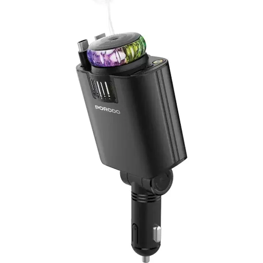 Porodo Aromaglow Fast Car Charger 120W with Aromatherapy Diffuser / Car Charger with Air Diffuser / LED Starry Lights / 80cm 2× Retractable Cable / Car Charger with RGB Lights - Black