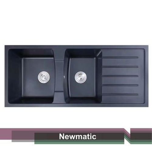 Newmatic 116cm Double Q116 Ultra Deep Bowl Quartz Topmount Kitchen Sink - Black