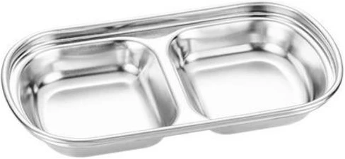 2 Compartment Salad Sauce Dish Food Dipping Bowl Seasoning Tray Vinegar Snack Plate- Silver