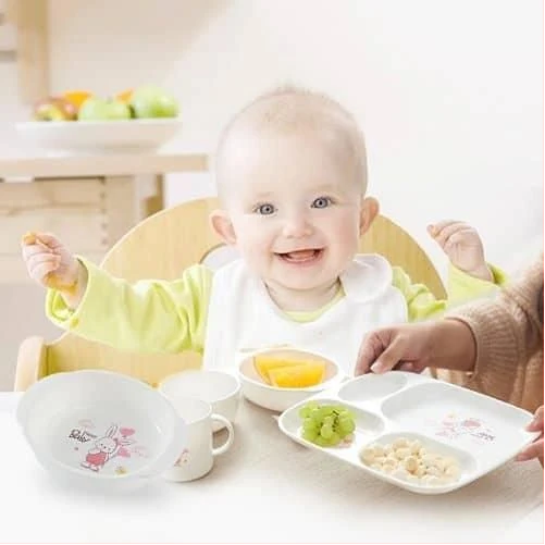 Children Tableware Dinner Set 6 in 1 Feeding Series Plate Cup Bowl Spoons Tray Gift Pack- White
