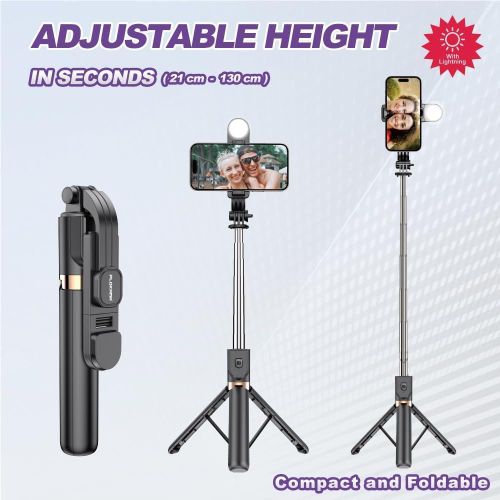 PLOKAMA Live K8 LED 4-in-1 Selfie Stick Wireless Tripod, Steel & ABS, 20-130 cm, with LED Light, Bluetooth Remote, Phone Holder for Live Streaming, Vlogging