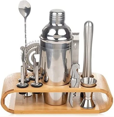 12-Piece Martini Cocktail Shaker 750ML In Stainless Steel And Bamboo Support Set- Silver.