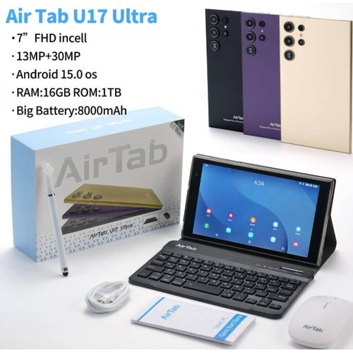 Air Tab U17 Ultra Tablet PC - 7 Inch FHD Incell Screen 13MP+30MP Camera Android 15.0 OS 16GB RAM 1TB ROM Big Battery Of 8000mAh 5G Wi-Fi Android Tablet with Wireless Keyboard And Mouse