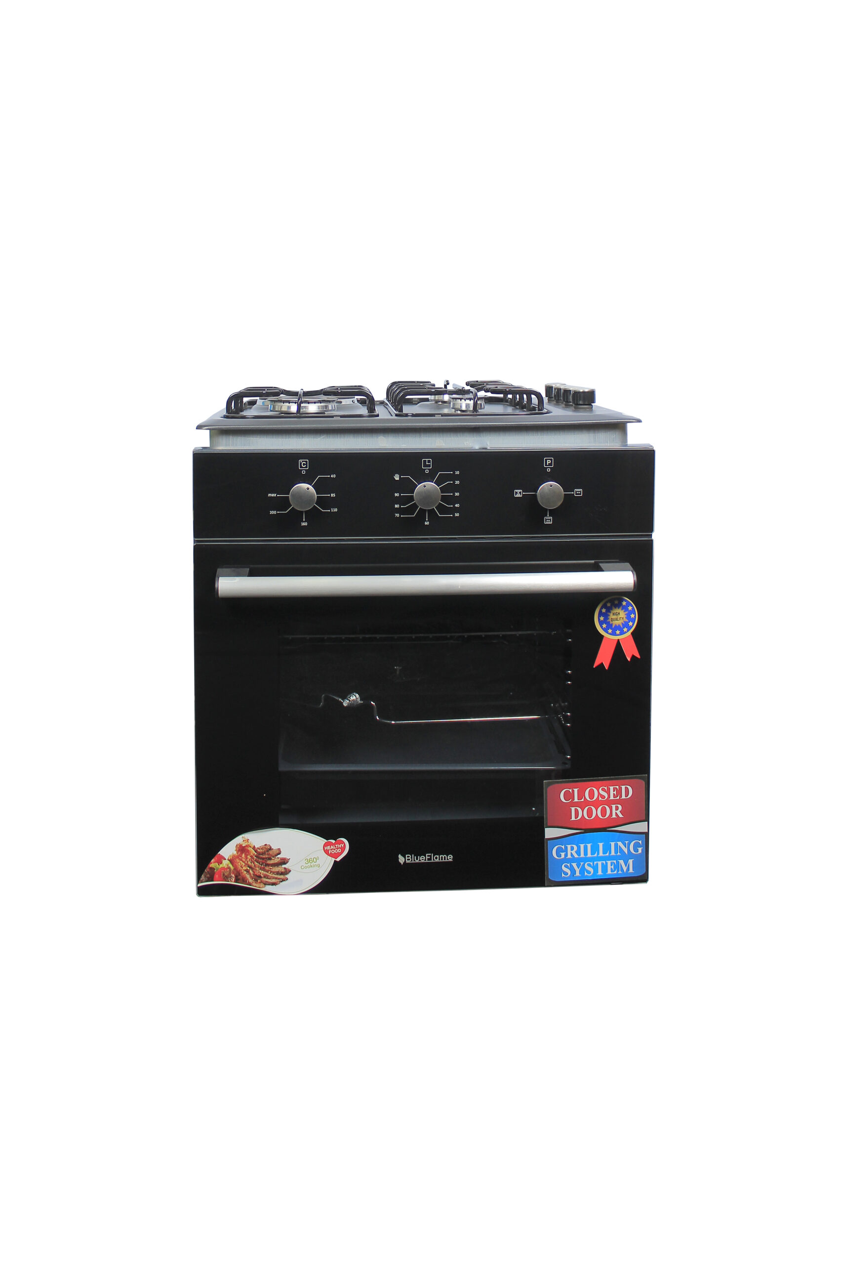 Blueflame 60cm Built-in Cooker E431C-B; 3-Gas Burners And 1-Electric Plate, Electric Oven, Oven Fan, Grill Heater, Thermostat, Fan, Auto Ignition - Black