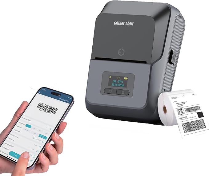 Green Lion Thermal Printer with 203 DPI Printing Resolution, TFT Screen, 1500mAh Rechargeable Lithium Battery, Bluetooth & Type-C Connectivity, Bulk Print, Mobile Editing - Grey