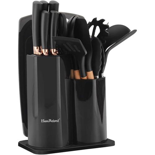 Haus Roland 19 Pieces Knife Set for Kitchen, Includes Tongs, Spoon, Spatula & Turner Made of Heat Resistant Food Grade Silicone and Wooden Handles, Non Stick Kitchen Knife Sets and Tools.