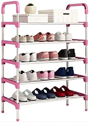 5 Layer Stainless Steel Stackable Shoes Rack Organizer Storage Stand- Pink.