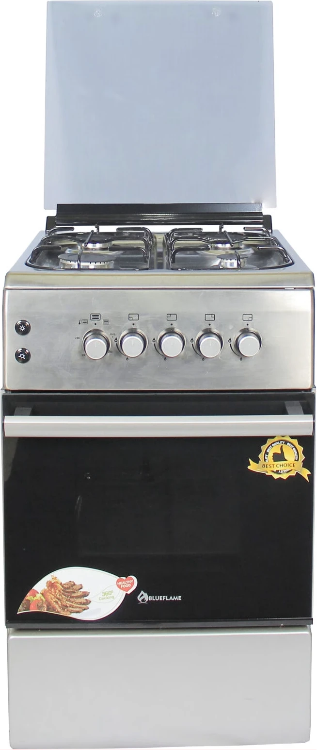 BlueFlame 60x50cm Full Gas Cooker With Gas Oven NL6040G, Auto Ignition, Glass Top, Oven Lamp - Inox