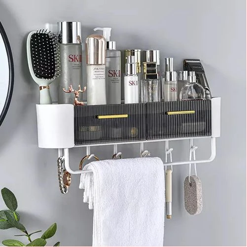 Shower Caddy, Self Adhesive Wall Mounted Shelf Bath Organizer, Shampoo Shelves Storage Basket Soap Holder hanging Tray with 4 Hooks & 1 Towel Bar Rack Rails for Bathroom, Kitchen- White