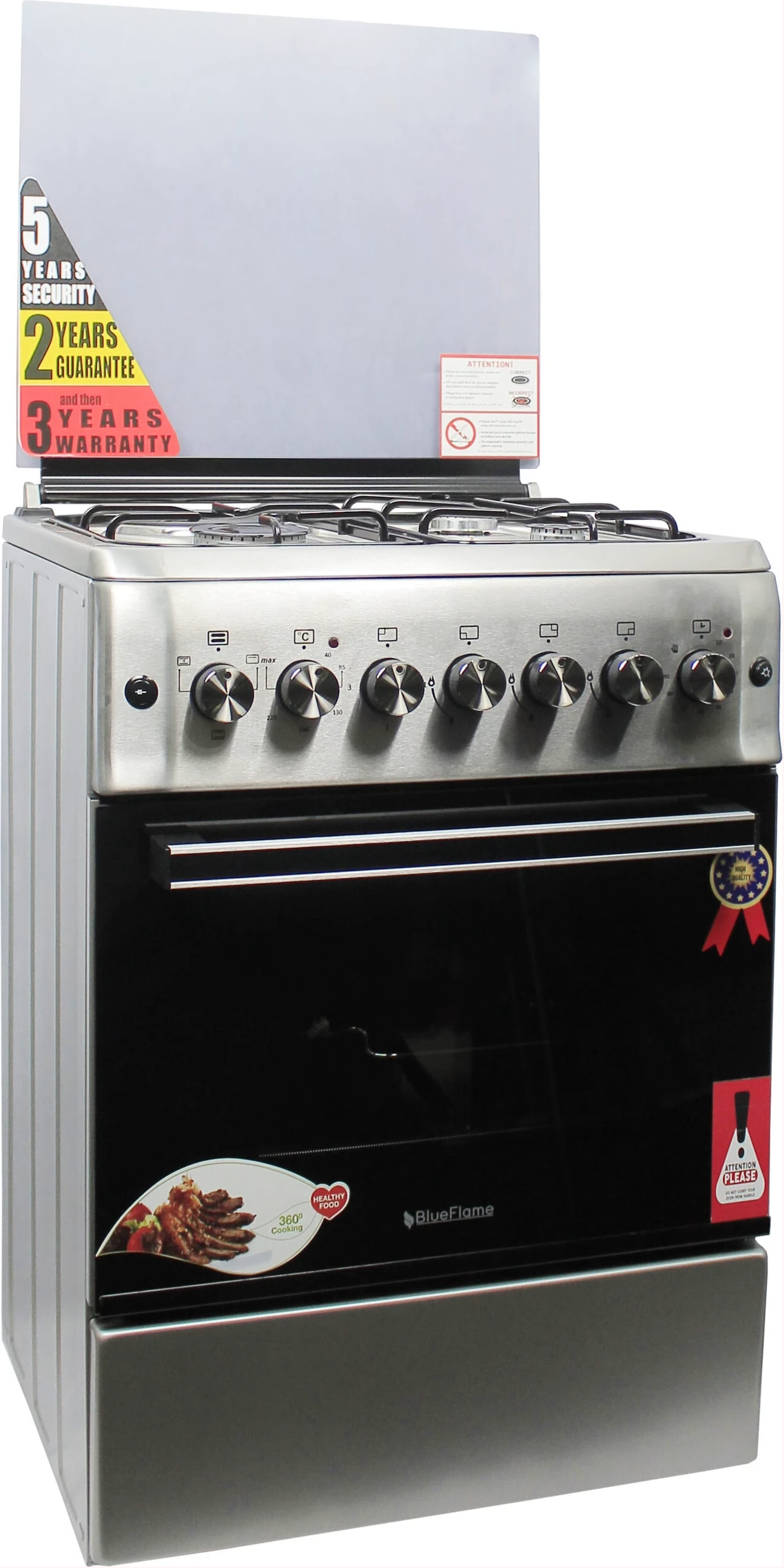 BlueFlame Cooker 60x60cm, 3 Gas Burners And 1 Electric Hot Plate With Electric Oven - Inox