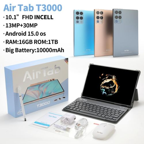 Air Tab T3000 Tablet PC - 10.1 Inch FHD Incell Screen 13MP+30MP Camera Android 15.0 OS 16GB RAM 1TB ROM Big Battery Of 10000mAh 5G Wi-Fi Android Tablet with Wireless Keyboard And Mouse