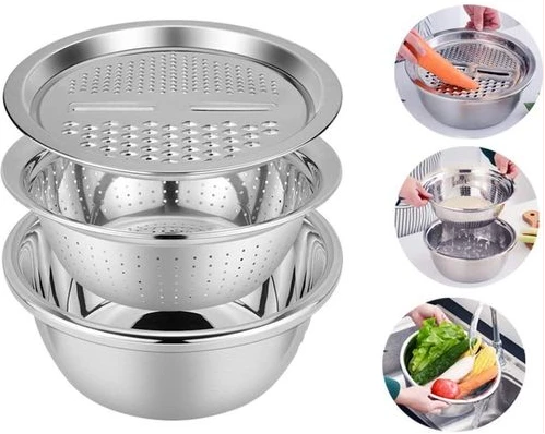 3 In1 Colander Basin, Grater Strainer & Rice Drain Basket Salad mixing Bowl, Silver