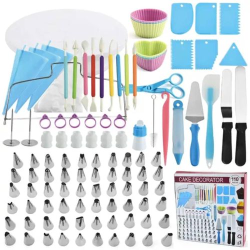 110Pcs Cake Baking Decoration Tools With Icing Tips Guide Household Kitchen Cake Stencils Nozzles Piping Tips Fondant Turntables Stand Dessert Cake Decorating Tools With Piping Bags & Tips Set, Carvin