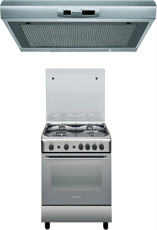 Ariston A6GG1FX - SS,60 x 60 4 Gas Oven, Grill , Auto IGN & Auto Safety, Rotisserie And Ariston 60cm Slim Cooker Hood