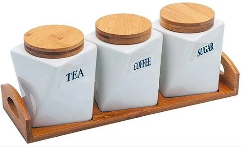 Ceramic Twisted Tea Coffee Sugar 3 Canisters Set With Wooden Wavey Stand Tray & Bamboo Lid Condiment Airtight Jars Set- White.