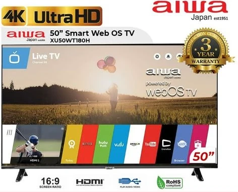 Aiwa 50-Inch UHD 4K Web OS Smart TV WS-508S, Frameless, Youtube, Netflix, Prime Video, USB, Bluetooth, HDMI, Inbuilt Free To Air Decoder - Black