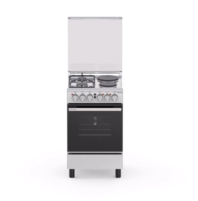 Hisense Cooker 2 Gas Burners, 2 Electric Plates 50x50cm HF522GEES, 68L Electric Oven & Grill, Rotisserie, Auto Ignition, FFD Safety Device - Silver