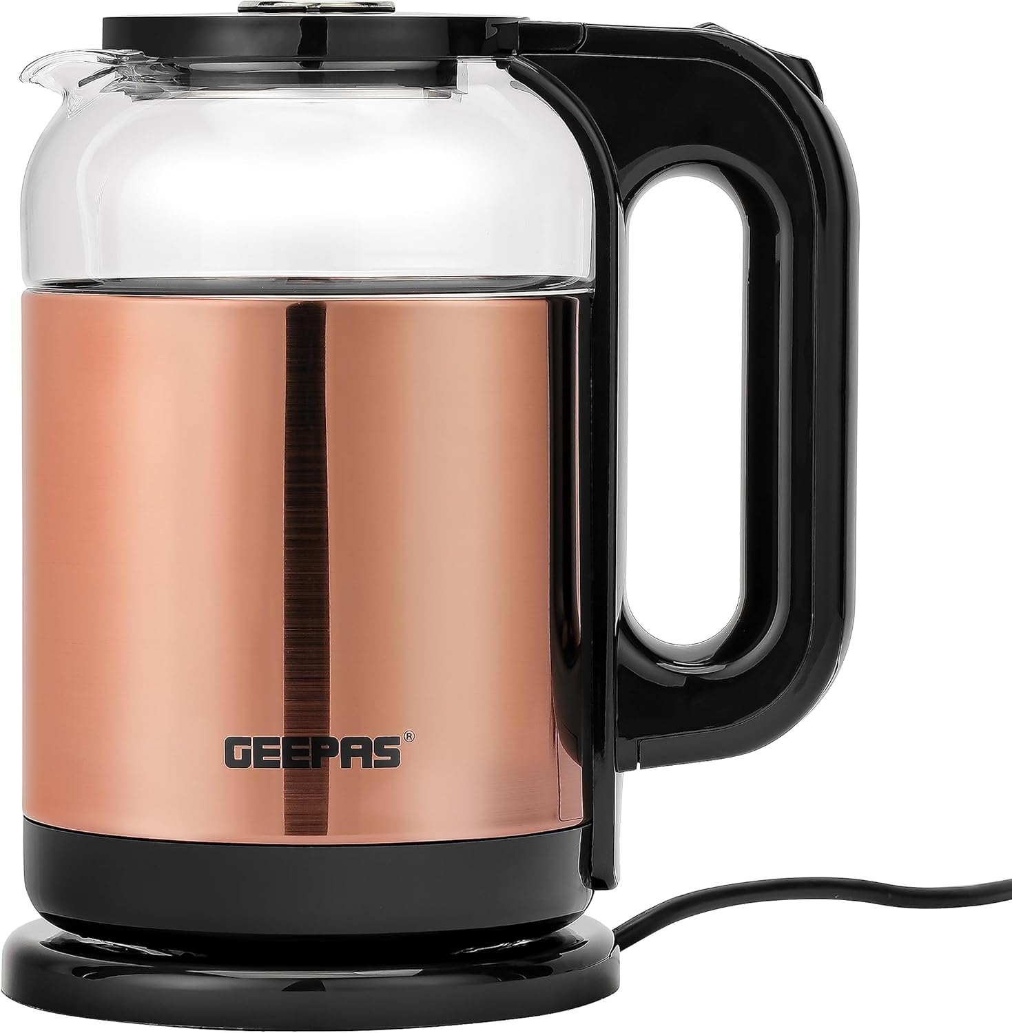 Geepas Electric Glass Kettle 1.7L, 360° Rotation Base, Cord Storage, Glass Body Clear Water Label Gauge, Perfect Pour Wide Opening, Safe & Convenient, automatic Shut-Off Function