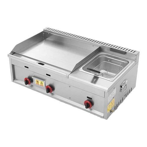 Stainless Steel Electric/Gas Propane Griddle Flat Top Pancakes Steak Grill BBQ Hot Plate Grill and Deep Fryer with Dual Heating Zones and Oil Draining Basket, Stainless Steel Commercial Fryer Squid Ma
