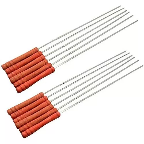 12 Pieces Shish Kebab Needle Sticks Double Ended Stainless Steel Shish Kebab Skewers Flat with Wooden Handle, Reusable Metal Picnic BBQ Barbecue Skewers for Meat, Vegetables For Grilling- Multicolor
