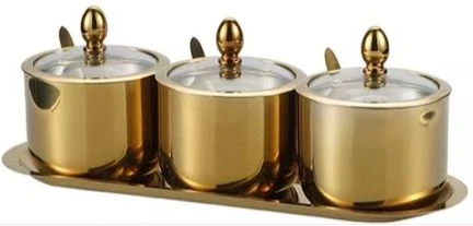 3 Pc Seasoning Containers Spice Jar Rack Condiment Salt Pepper Sugar Storage Organizers with Serving Spoons - Gold