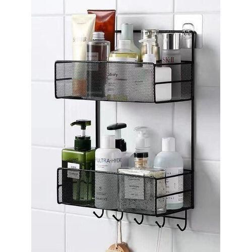 Metal Bathroom Shelf for Wall, Black Bathroom Organiser Without Drill, 2 layer Wall Mounted Shelf Shower Shampoo Rack With Holders Bathroom Rack, Large Capacity Adhesive Bathroom Shelf