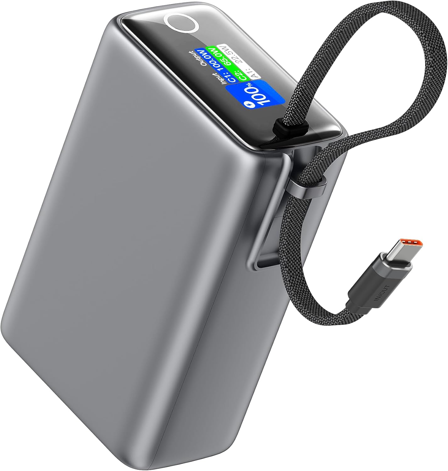 Green Lion Tron X 25000mAh Power Bank, PD 100W, Built-in 100W Braided USB-C Cable, 1×Type-C & 1×USB-A Output Ports, Laptop Charger, Smart TFT Display, Compatible with iPhone 17/16/15, S25/S24 – Grey