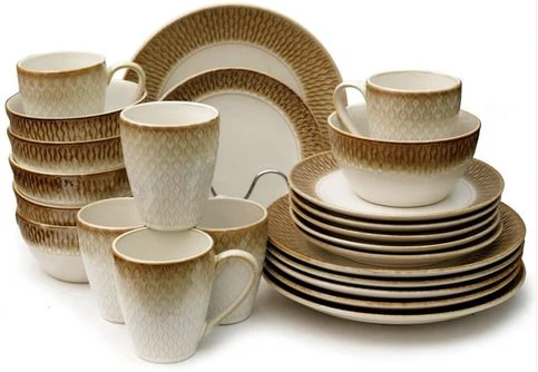 24pcs Mat Design Plates Bowls Cups Sideplate Dinnerware Set - Cream.