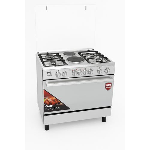 Saachi Cooker 90x60cm, 4 Gas Burners + 2 Electric Plates, Electric Oven & Grill, Oven Fan, Rotisserie, Automatic Ignition NL-GAS- 6364SS - Silver