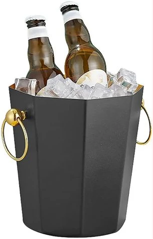 Metal Ice Bucket, Stainless Steel Drink Beer Chiller, Octagonal Barrel Storage Tub, For Beer, Ice, Wine, Champagne, Parties- Black