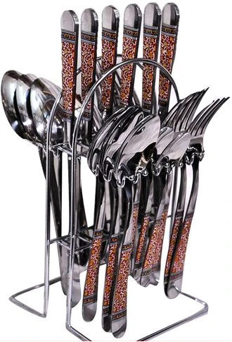 24pcs Red Flower Cutlery (Forks, Spoons & Knives) with a Stand - Silver
