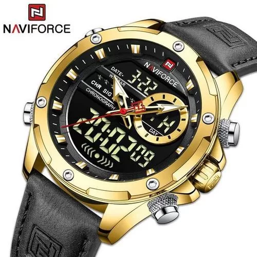 Naviforce Waterproof Dual Mens Stylish Formal Watch - Black , Gold