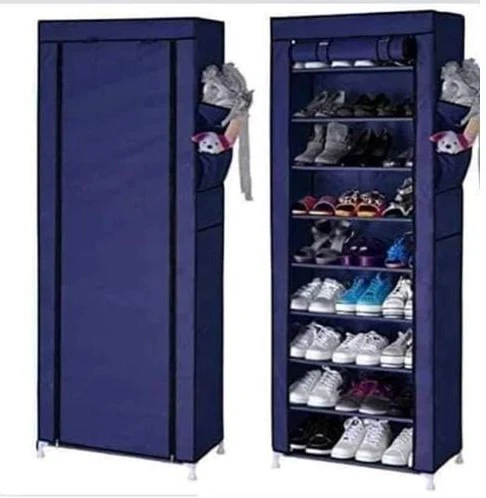 Multipurpose Portable Folding Shoes Rack 9 Tiers Multi-Purpose Shoe Storage Organizer Cabinet Tower with Iron and Nonwoven Fabric with Zippered Dustproof Cover Color Navy Blue