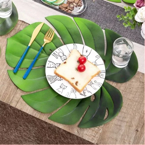 6 PC Leaf Basket Leather Placemat For Dinner Table, PU Woven Table - Green
