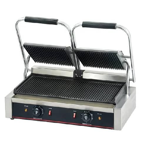 Double SidedCommercial Electric Contact Grill Sandwich Panini Press Grill Sandwich Toaster 2X1800W Temperature Control 122°F-572°F Commercial Panini Grill Non Stick Surface for Hamburgers Steaks Bacon