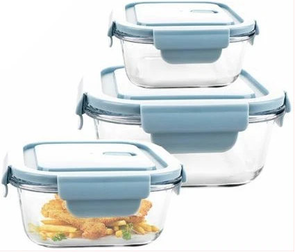 3 Piece Food Safe Microwave Oven Safe Glass Bowls Fridge Containers -Blue