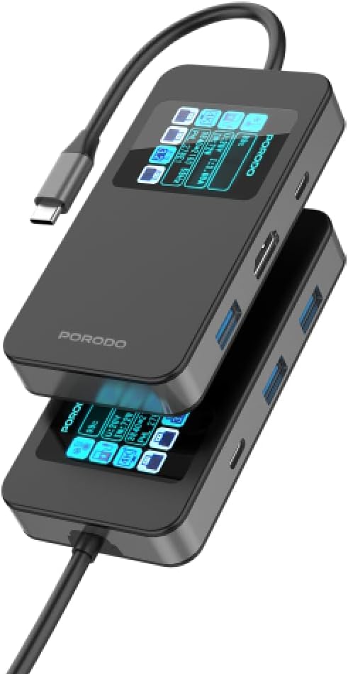 Porodo USB Hub 6-IN-1, Smart Digital Display, USB C With 100W PD Charging, 5Gbps USB 3.0, HDMI 4K60Hz, High Speed Data Transfer,Compatible with iPhone/Laptop/Desktop PC/MacBook/Smart TV
