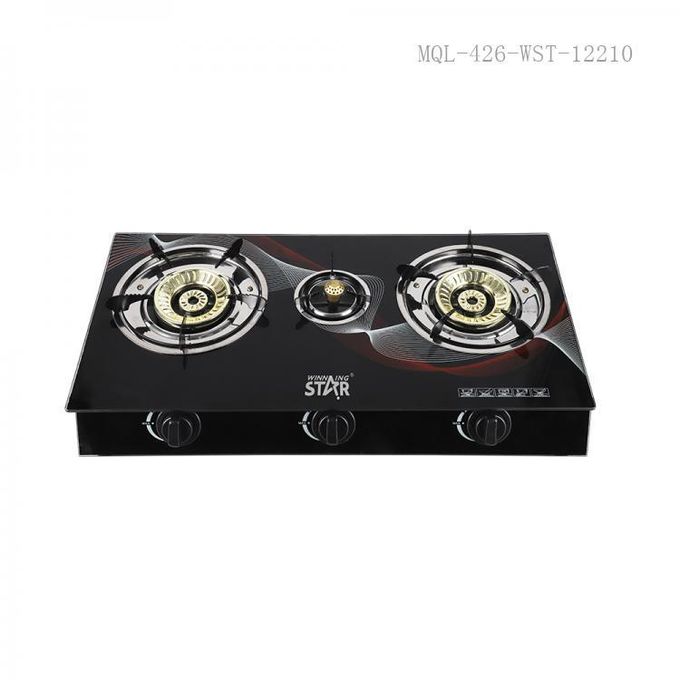 Winningstar Deluxe 3-Burner Glass Gas Stove with Electronic Ignition Split Furnace Frame VDE Plug- Black