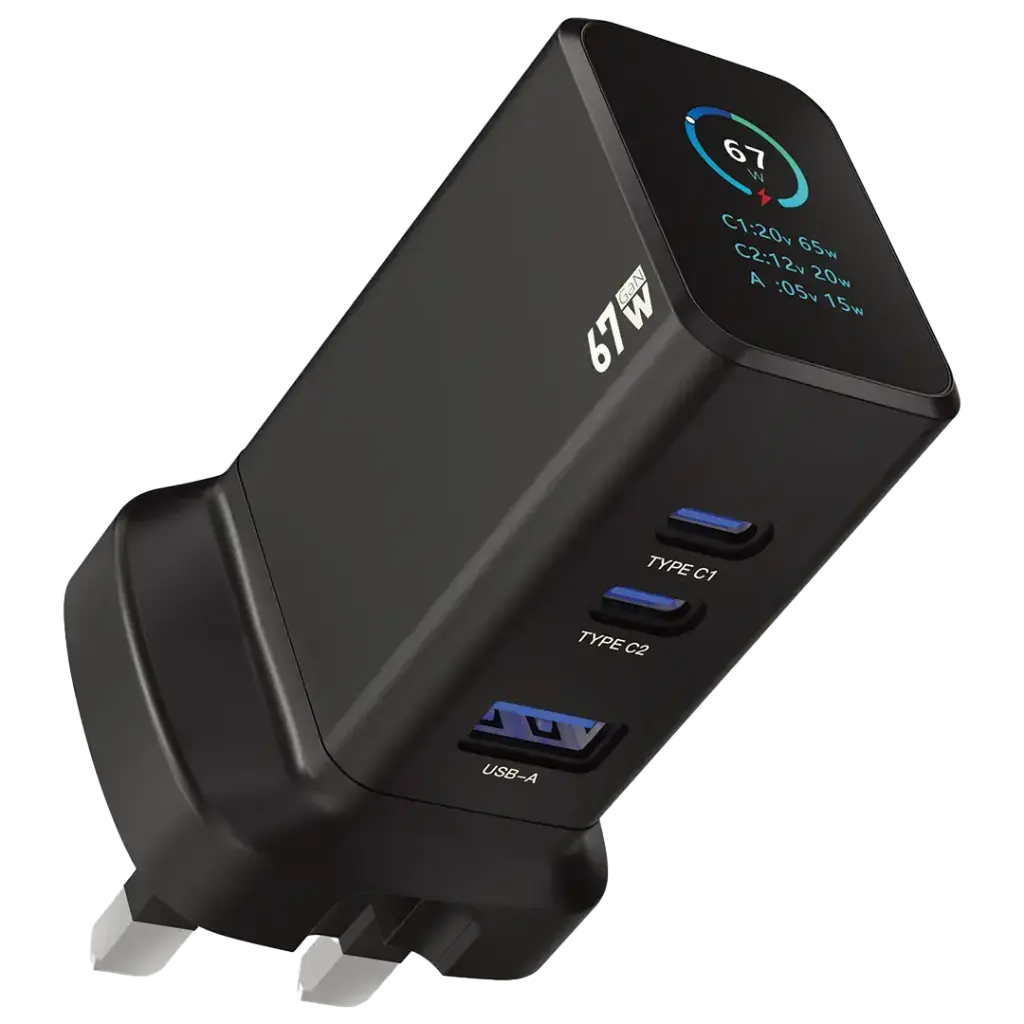 Powerology GaNex Multiple Ports Adapter with Foldable UK 3-Pin Plug, PD 67W, QC 18W, Laptop Charging, Smart Power Display, USB-A & USB-C Ports, Universal Compatibility - Black