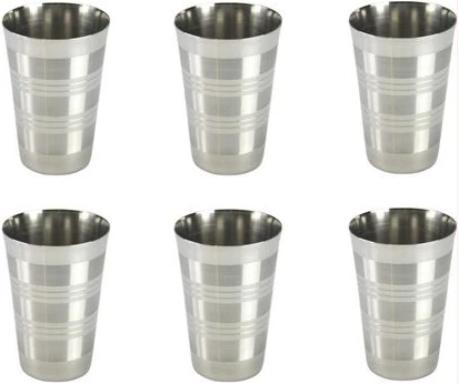 6 Stainless Steel Drinking Tumblers Unbreakable Water Juice Cocktail Mugs- Silver.
